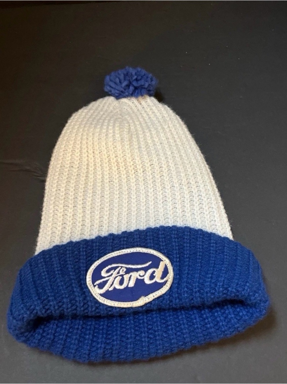 Vintage Ford Beanie - White and Blue w/Ford Patch and Blue Pom Pom